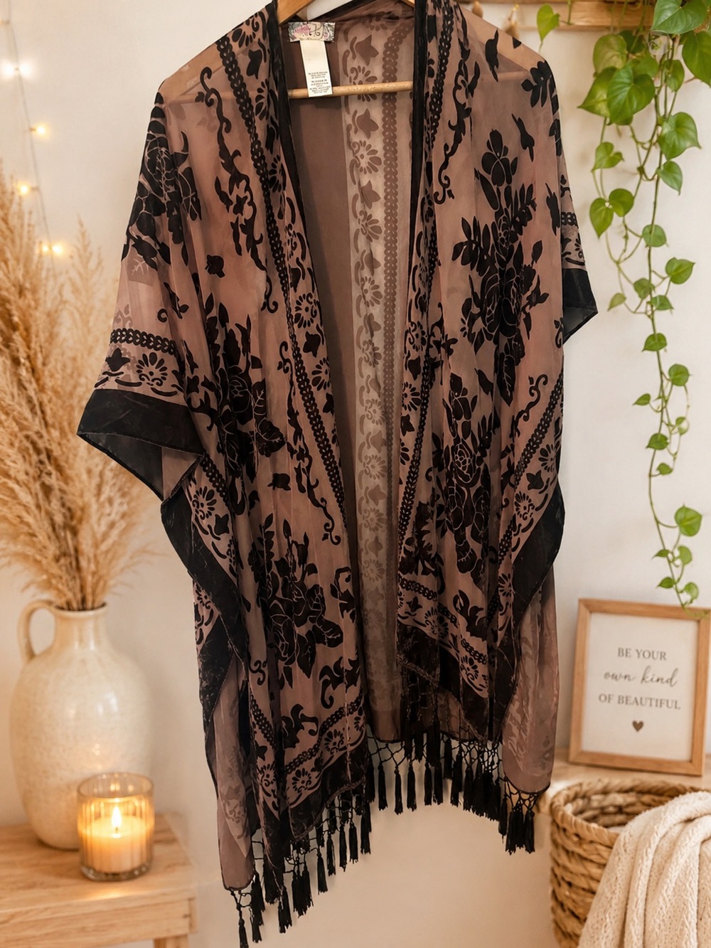 Free People Sheer Floral Burnout Kimono in Taupe and Brown